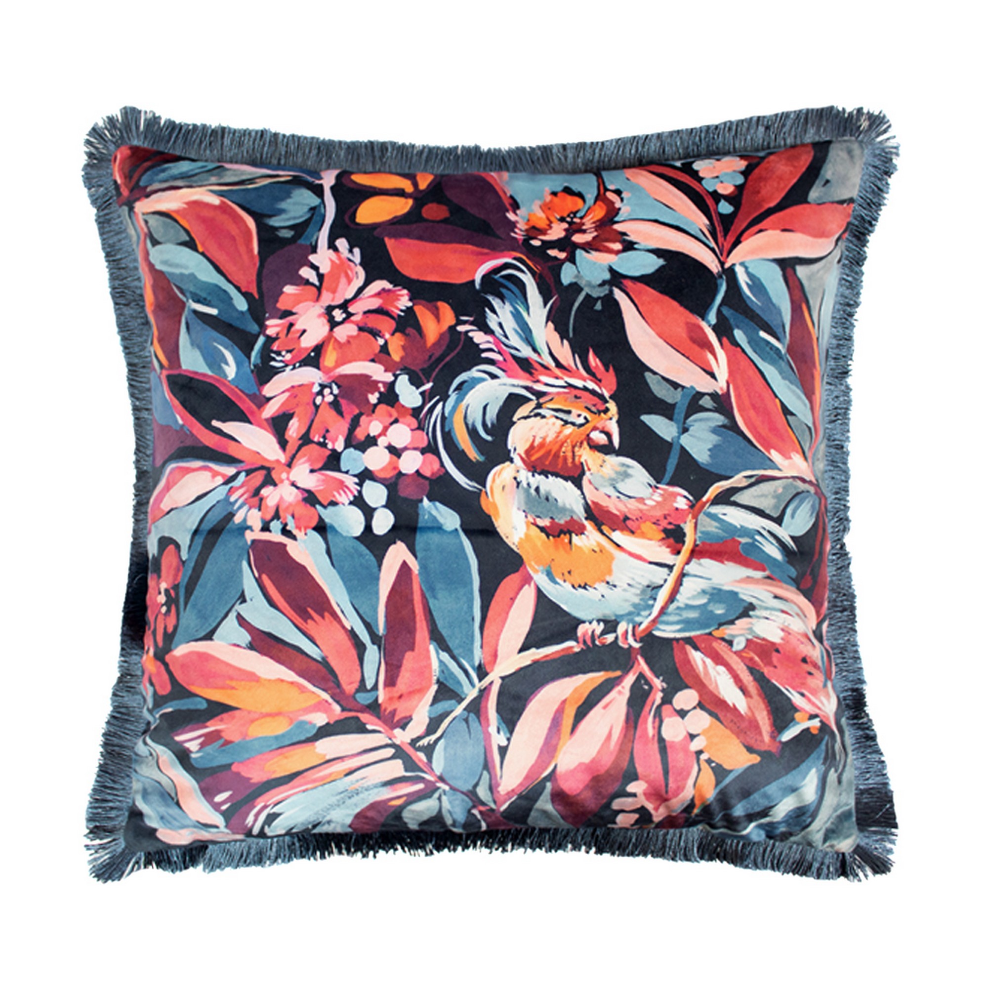 Avari Botanical Bird Cushion In Blue And Pink